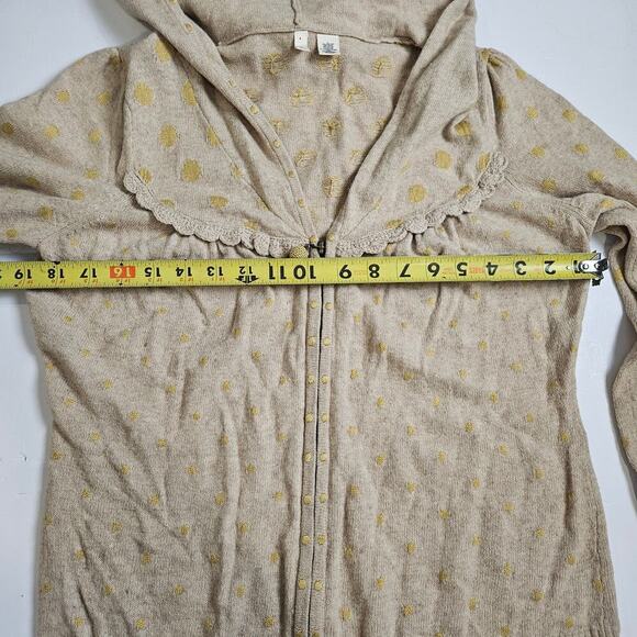 Moth Women Hooded Zip Wool Blend Cardigan Sweater Tan Yellow Dots Large Ruffle - Picture 3 of 9